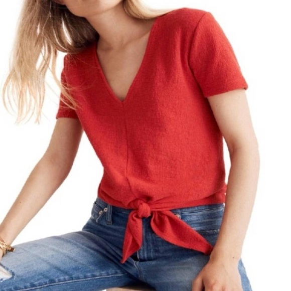 JCrew Red front tie textured blouse - Picture 2 of 3